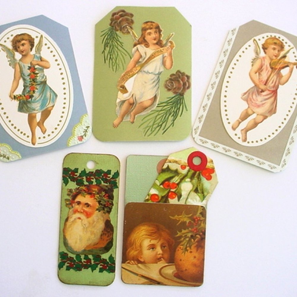 6 VICTORIAN STYLE ANGEL TAGS CHERUBS MUSICIANS PLUM PUDDING HOLLY HANDMADE OOAK